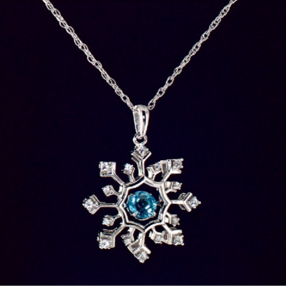 Blue Topaz & White Sapphire Snowflake Necklace Pendant in 925 Sterling Silver